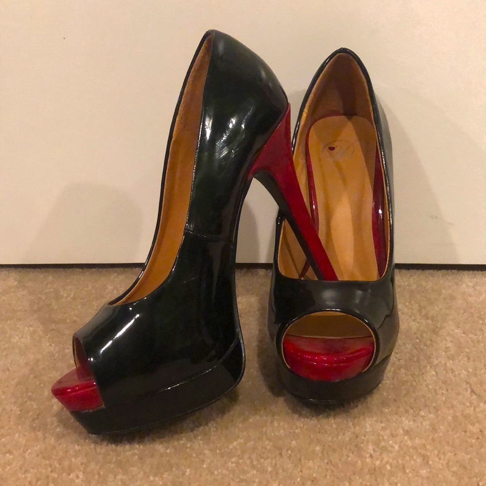 Peep Toe Black and Red Platform Heels